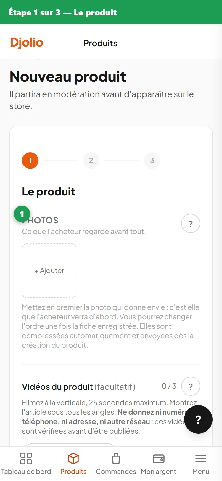 Premier écran de la création : photos, nom, catégorie, prix