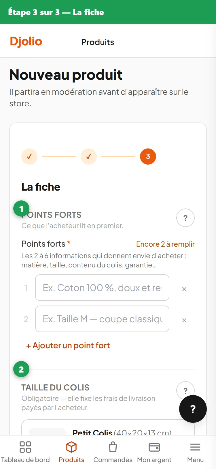 Troisième écran : points forts, description, taille de colis