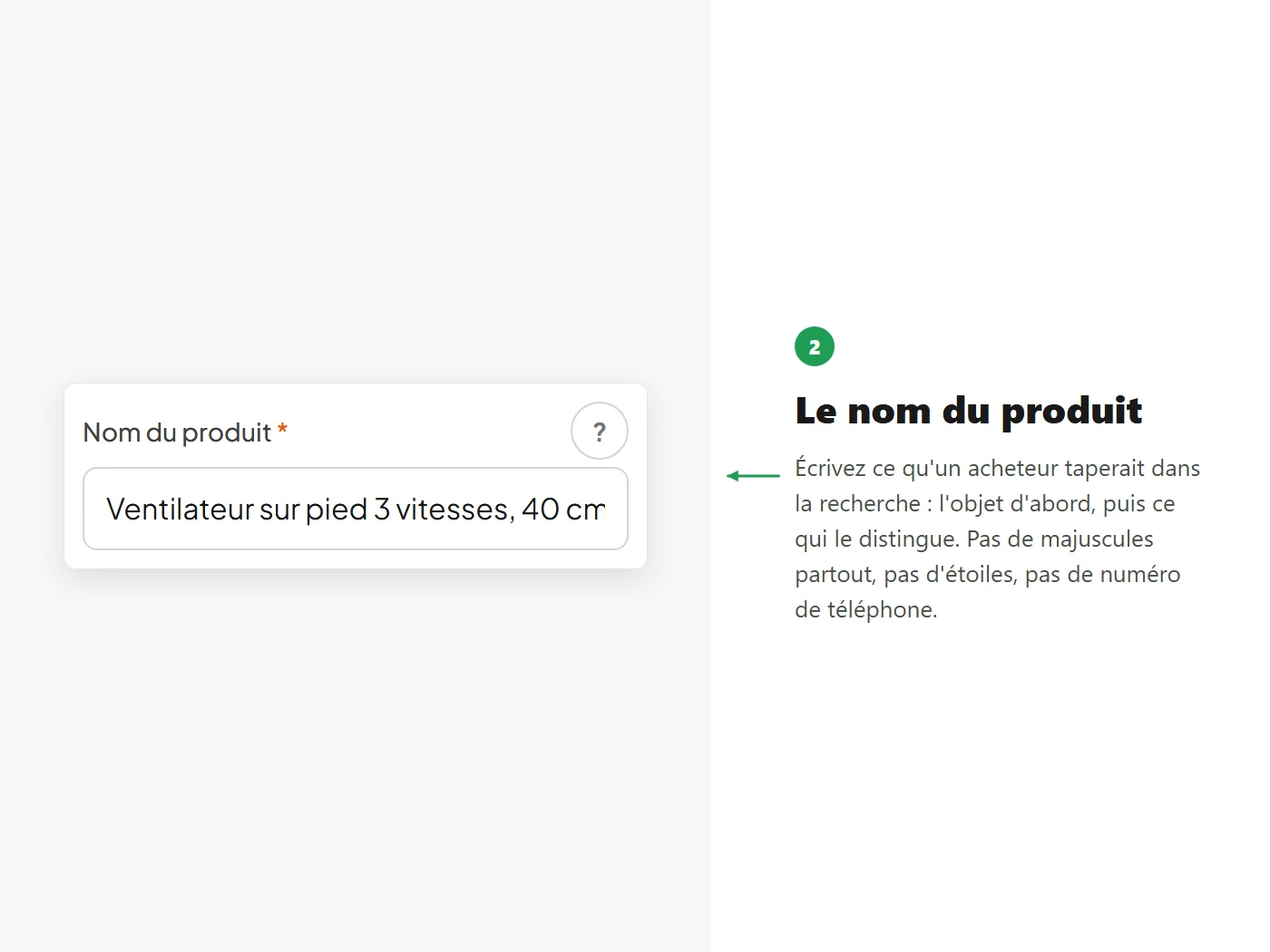Le champ « Nom du produit », rempli d'un exemple