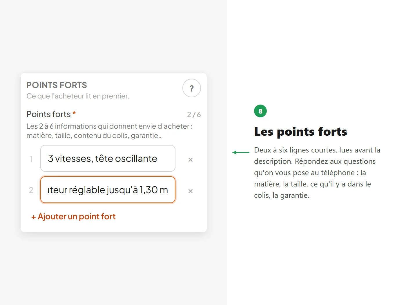 Les points forts, avec le compteur « Encore 1 à remplir »