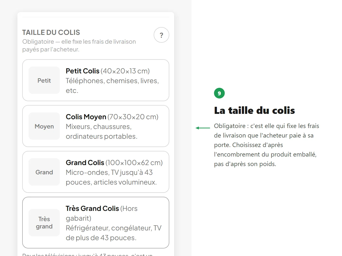 Les quatre tailles de colis