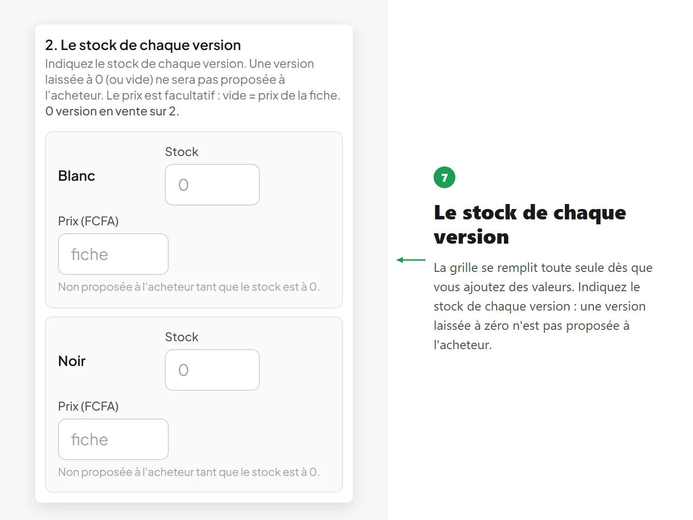 La grille des versions et le stock de chacune