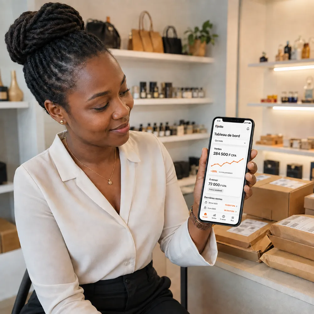 Une vendeuse consulte ses ventes et ses versements sur l'application Djolio.