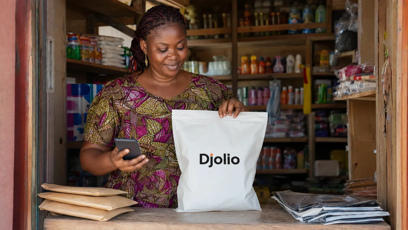 Une commerçante béninoise prépare un colis dans sa boutique à Cotonou, smartphone à la main.