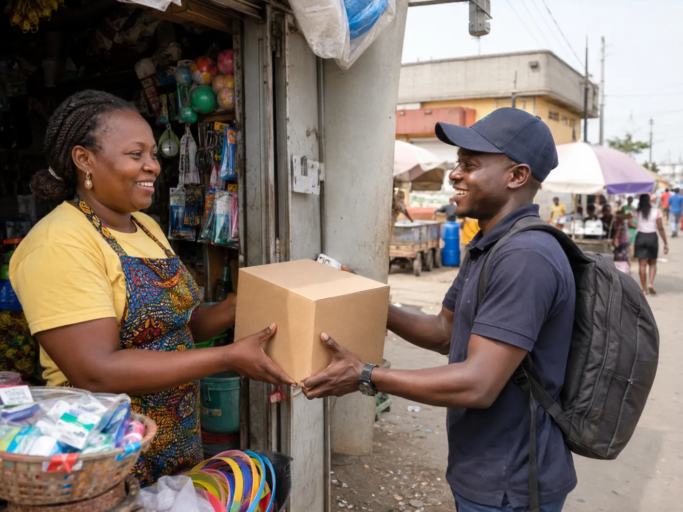 Un livreur récupère un colis auprès d'une commerçante devant sa boutique à Cotonou.